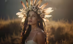 a woman with white flowers and feathered headgear