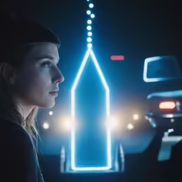 a woman looking at the back of her car with the lights on in the background