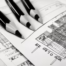 four black and white pencils on top of architectural plans