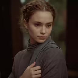 a woman with dark makeup stands in front of a forest