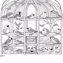 a drawing of birds in a cage,the front view of a bird cage with various birds inside,a drawing shows a bunch of birds in an open bird cage,a bird cage with a bunch of birds inside of it,a drawing of birds in a birdcage with another bird on the window