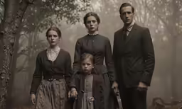 an adult and two children stand beside a woman with an umbrella