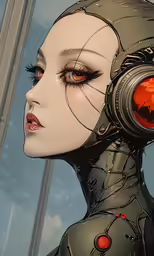 an animated head and shoulders in front of a large window with bright red accents