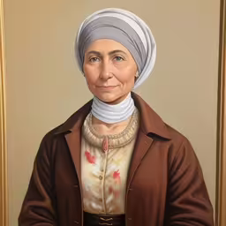 a woman with a brown coat and a white turban