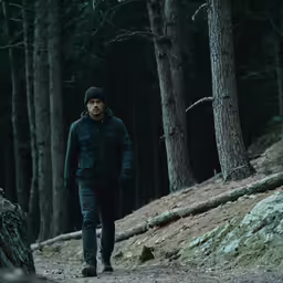 man walking alone through the woods in winter