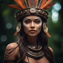 the girl is wearing a costume with feathers on her head