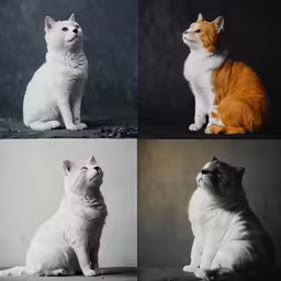 three images of cats sitting and standing in different positions
