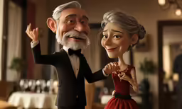 a cartoon animated man and woman with a formal dress