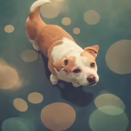 a dog standing on the floor looking up