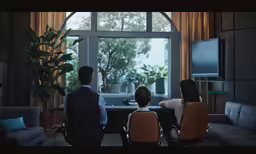 a man and woman sit by the window in a dimly lit room