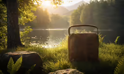 a suitcase sitting by some water on some grass