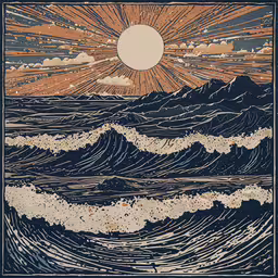 an image of the sun above waves, in the ocean,an abstract painting with waves on it