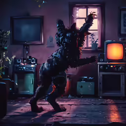 a stylized image of a dinosaur dancing in a room