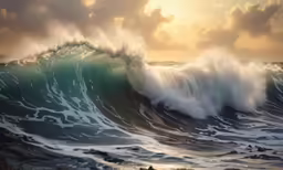 an ocean waves with the sun in the background