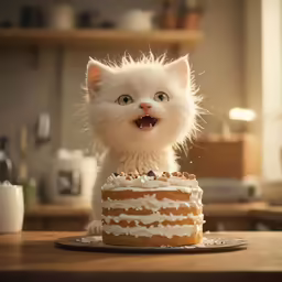 a small fluffy white kitten standing by a large cake