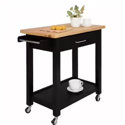 a black and wooden cart with a cutting board on wheels