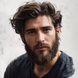 a young man with a long hair and beard looks at the camera