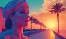 a woman is in front of the ocean at sunset