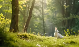 white rabbit sitting in a forest looking at the camera