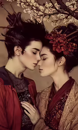 two people kissing each other while one woman with flower in her hair and an oriental dress