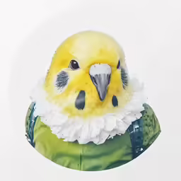 a yellow parrot in a green shirt, wearing a frilly dress