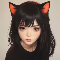 the young girl is dressed in black with an orange cat ear