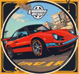 an orange porsche 914s is featured in the background,a red car parked in front of buildings