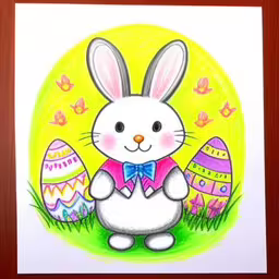 an easter bunny with colored eggs in front of it,a rabbit and two decorated easter eggs on a wood background