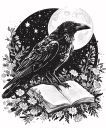 a black crow sitting on top of an open book,black crow reading a book with a full moon in the background
