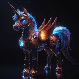 a metal toy of a mythical horse with blue eyes and spikes