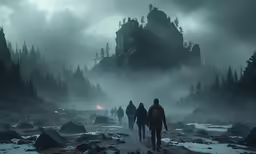 a group of people walk along a trail in the mountains