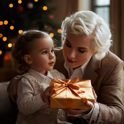 a woman and girl with an open gift box