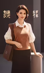 an attractive woman with a brown bag and a white shirt