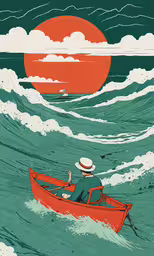 a drawing of a person in a boat in the ocean,a red boat floating in rough, choppy waters beneath a large red sun