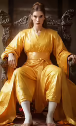 woman in an oriental costume sitting in a large metal chair