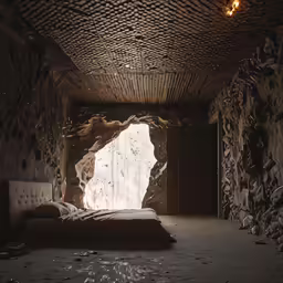 an abandoned bedroom with a window that is opened
