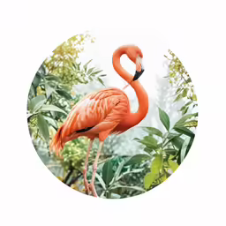 a large pink flamingo standing next to a tree