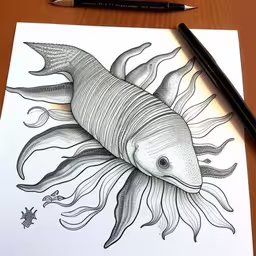 pencil drawing of an ornately decorated tropical fish