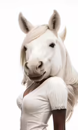 a white horse with its head wrapped around the neck of a woman