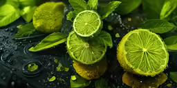 three lime halves are placed next to leaves