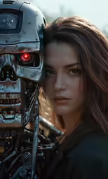 a woman standing next to a robot