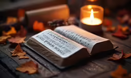 the book has been opened on a table with autumn leaves