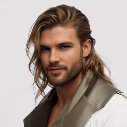 a male in a white shirt is wearing long hair