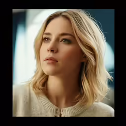 woman looking ahead wearing a sweater with eye shadow on a black background