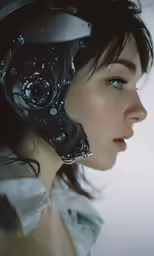 a woman with her face half closed wearing a futuristic headpiece
