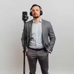 a man with headphones on standing next to a microphone