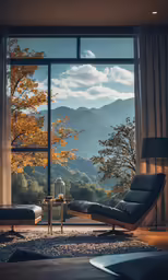 the living room in the house has large windows and mountain view