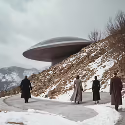 several people walking towards a structure on a mountain side