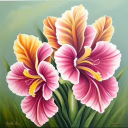 a painting of flowers in the grass with leaves,two purple flowers sitting in a green flower pot,painting of two beautiful pink flowers on green,a painting of two flowers in the foreground,two flowers are in some color blocking