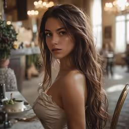 the woman is sitting at a table posing for a photo